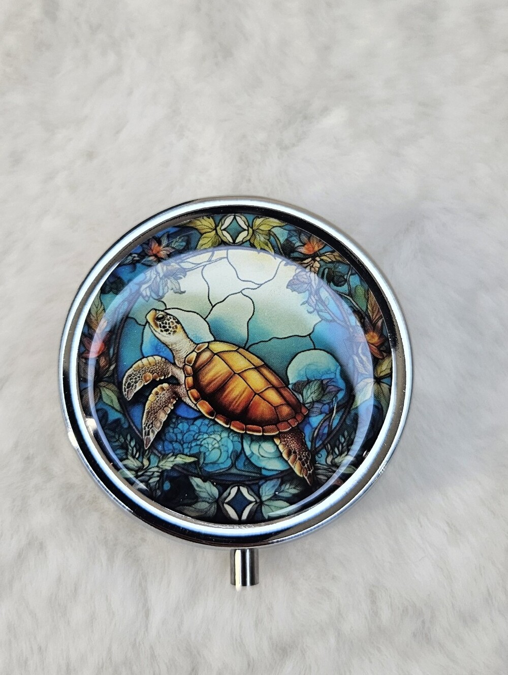 Sea Turtle Round Compact Mirror Pill Box - Blue and Brown